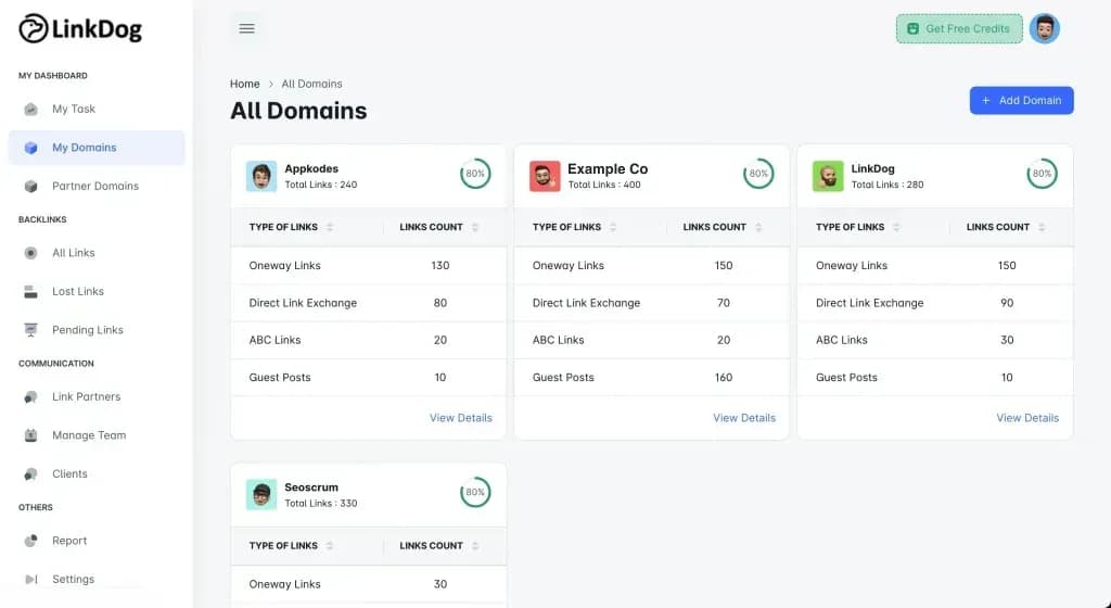 LinkDog wireframe MVP: the All Domains screen with link counts per domain