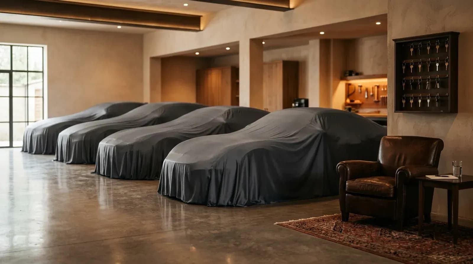 Luxury cars under fitted covers in a private garage
