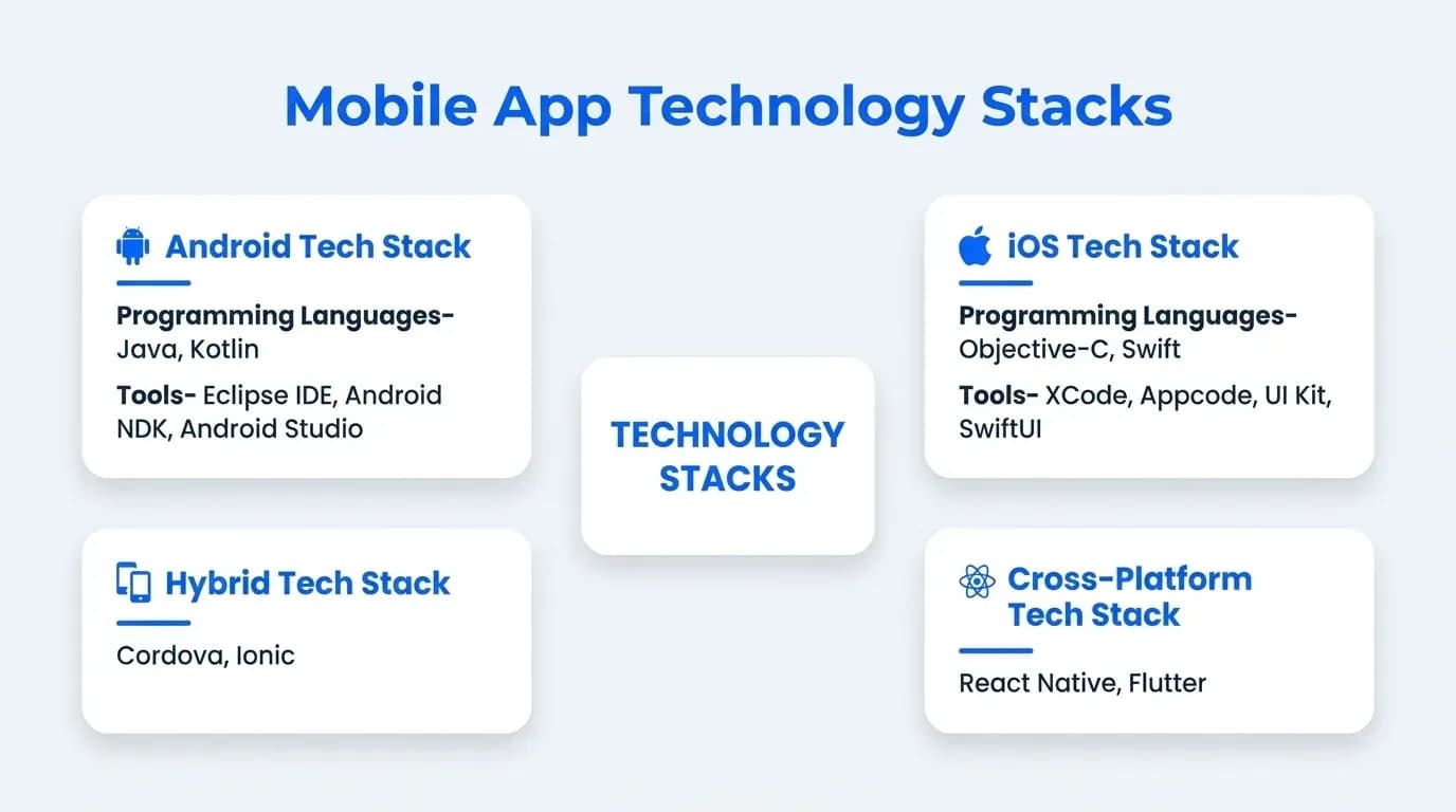 Mobile app technology stacks: Android, iOS, hybrid and cross-platform languages and tools