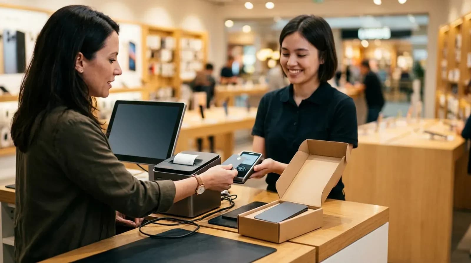 Customer paying by card at a mobile store billing counter