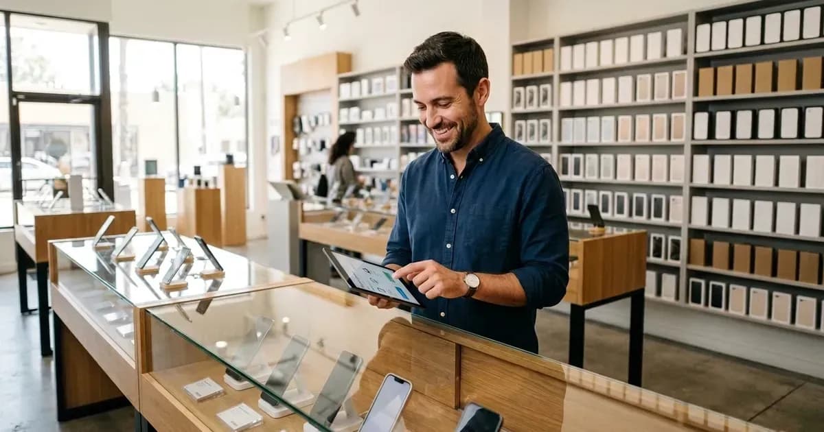 Handyshop-Inhaber prüft hinter der Theke den Lagerbestand auf einem Tablet