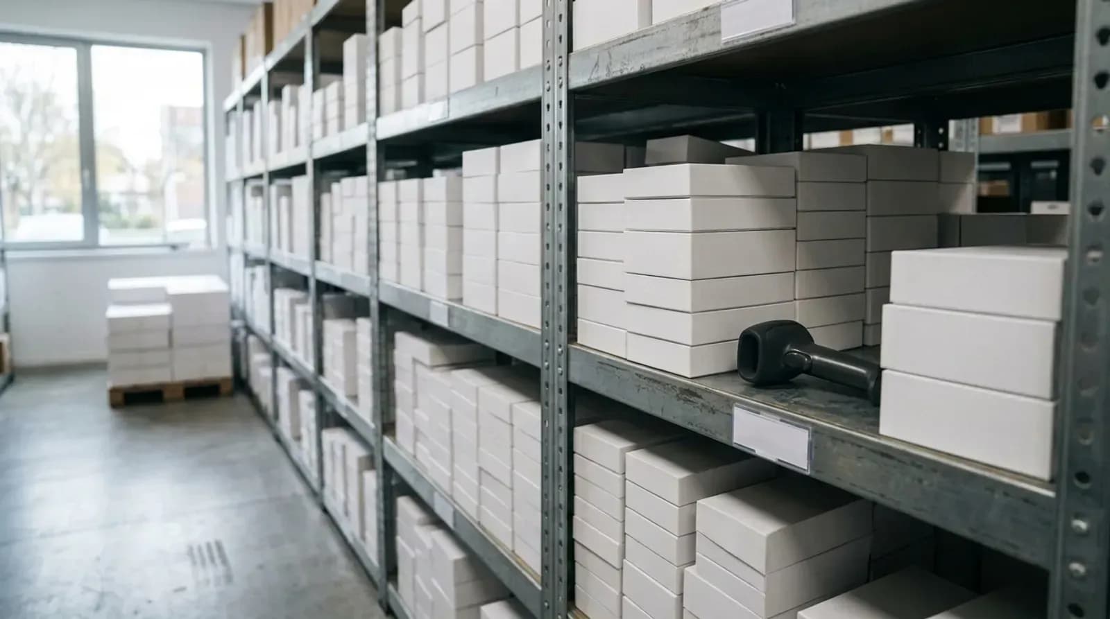 Mobile store stockroom with shelves of phone boxes and a barcode scanner