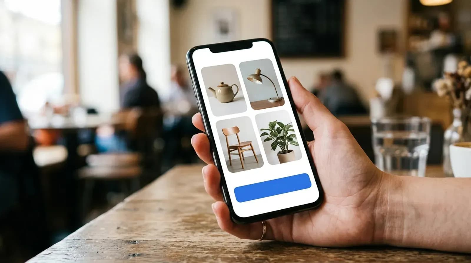 Modern classifieds app with photo listing tiles on a smartphone