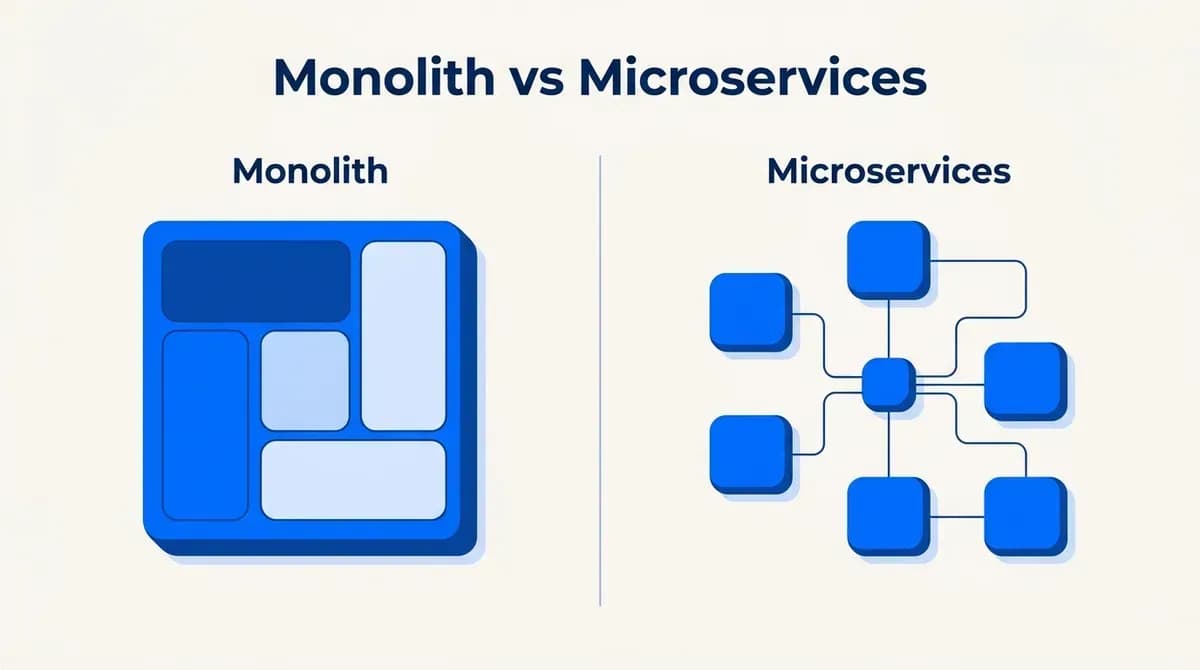 Monolith vs microservices: one large block compared with small connected services