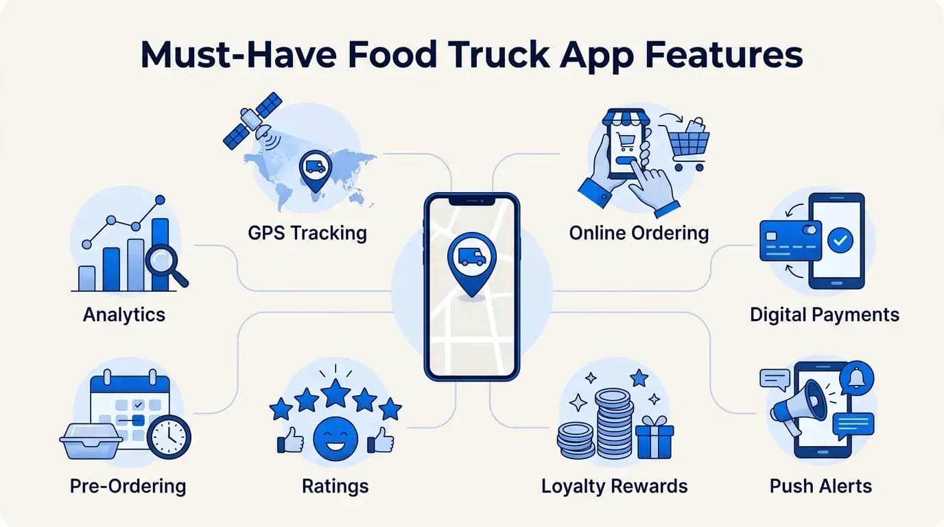 Must-have food truck app features: GPS tracking, online ordering, payments, push alerts, loyalty, ratings, pre-ordering and analytics
