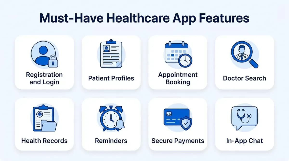 Must-have healthcare app features: registration and login, patient profiles, appointment booking, doctor search, health records, reminders, secure payments and in-app chat