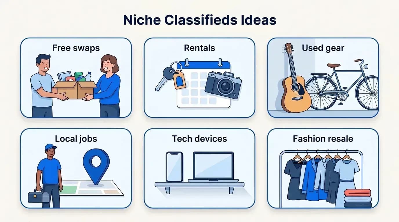 Niche classifieds ideas: free swaps, rentals, used gear, local jobs, tech devices and fashion resale