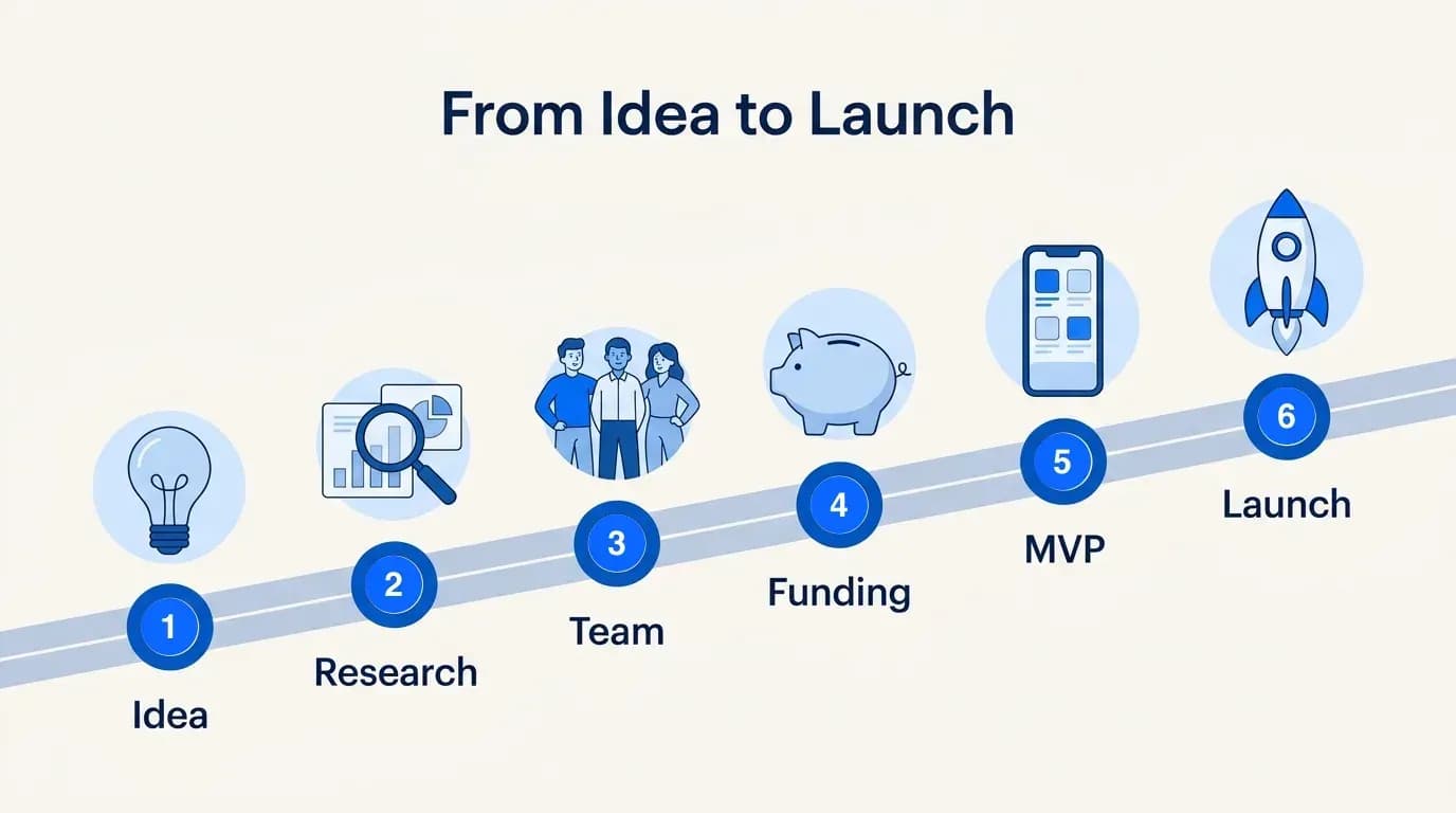 From idea to launch: idea, research, team, funding, MVP and launch