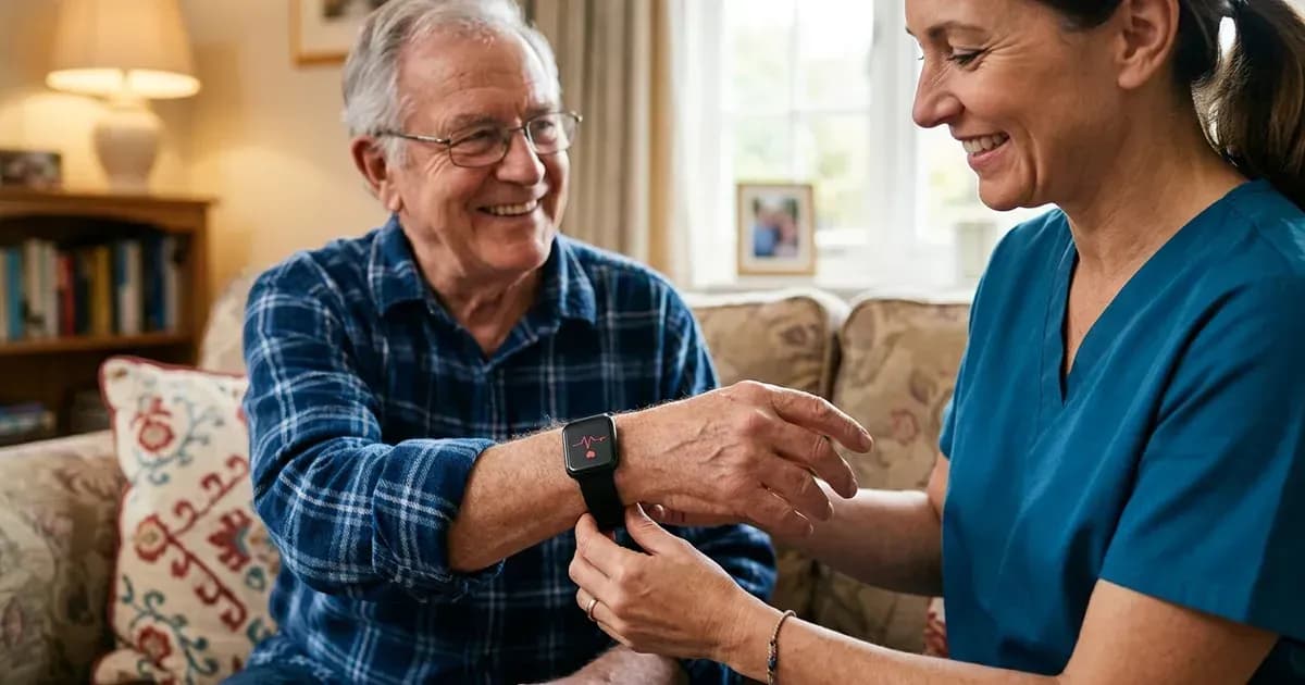 Eine Pflegekraft legt einer älteren Patientin zu Hause eine Gesundheits-Smartwatch an