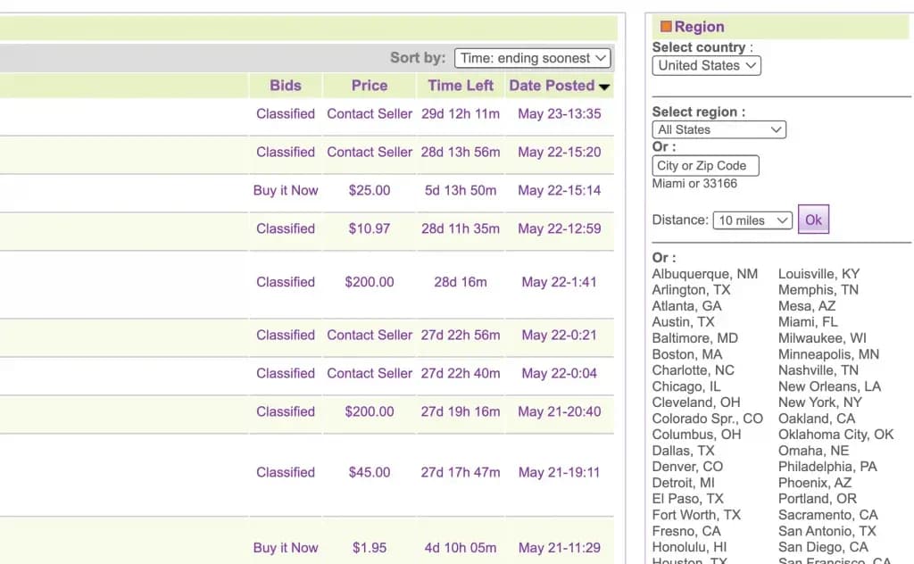 OLX beta listings marked Classified or Buy it Now, with price, time left and date posted
