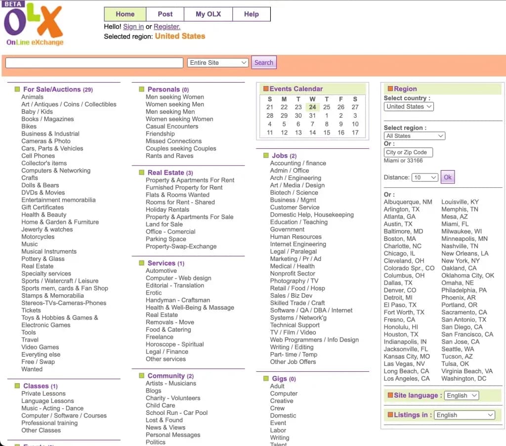 The OLX beta homepage in 2006, with categories, an events calendar and a region and distance search
