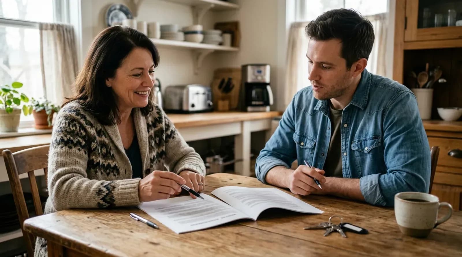 Property owner and guest reviewing a rental agreement at a kitchen table