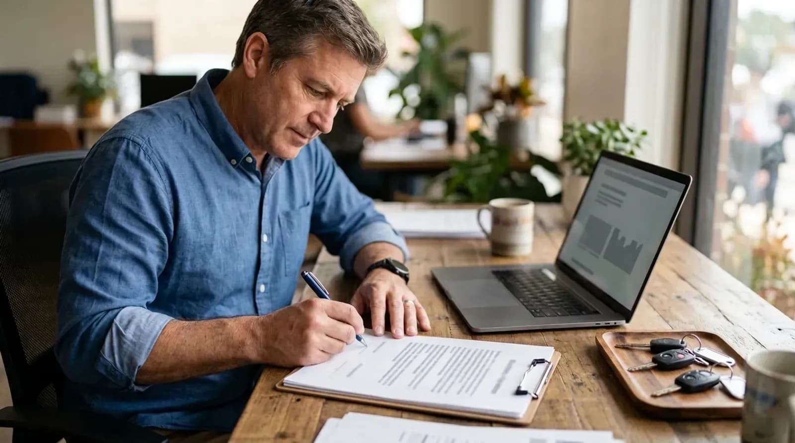 Car rental owner signing business registration and insurance papers