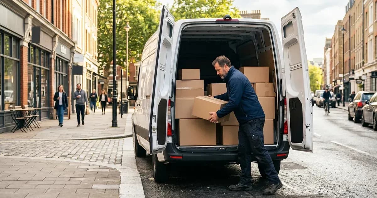 Courier loading parcels into an electric delivery van on a city street