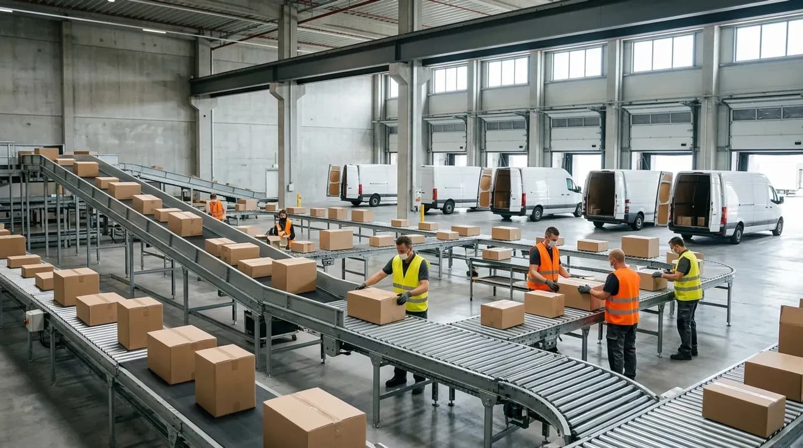 Parcel sorting hub with conveyor belts and delivery vans at the loading docks