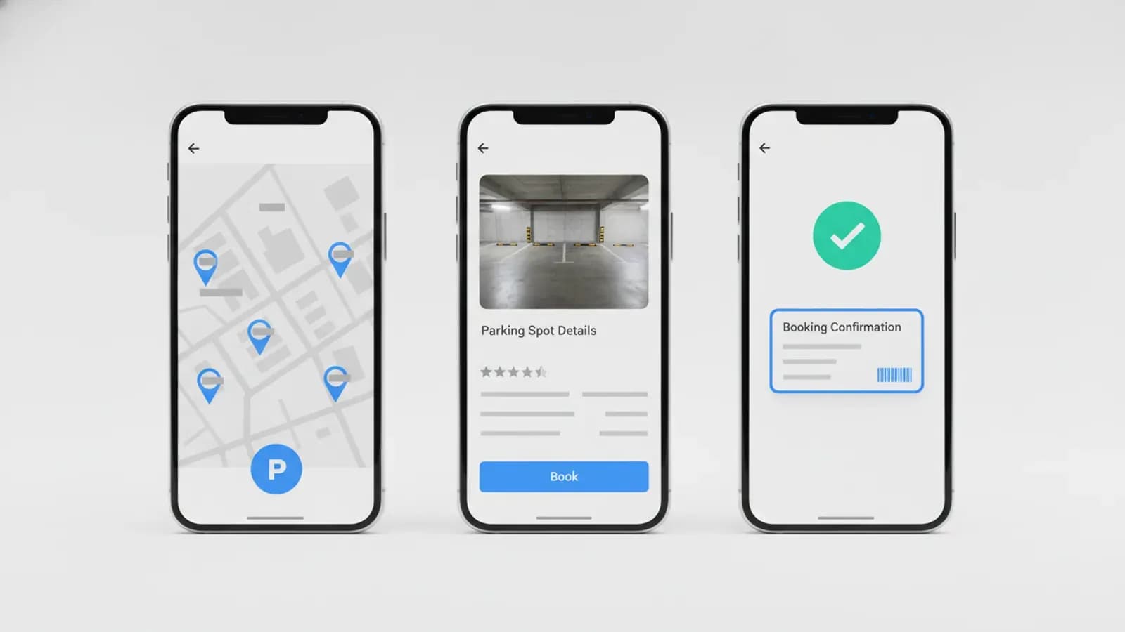 Three screens of a parking space rental app showing a map of available spots, a spot details page and a booking confirmation