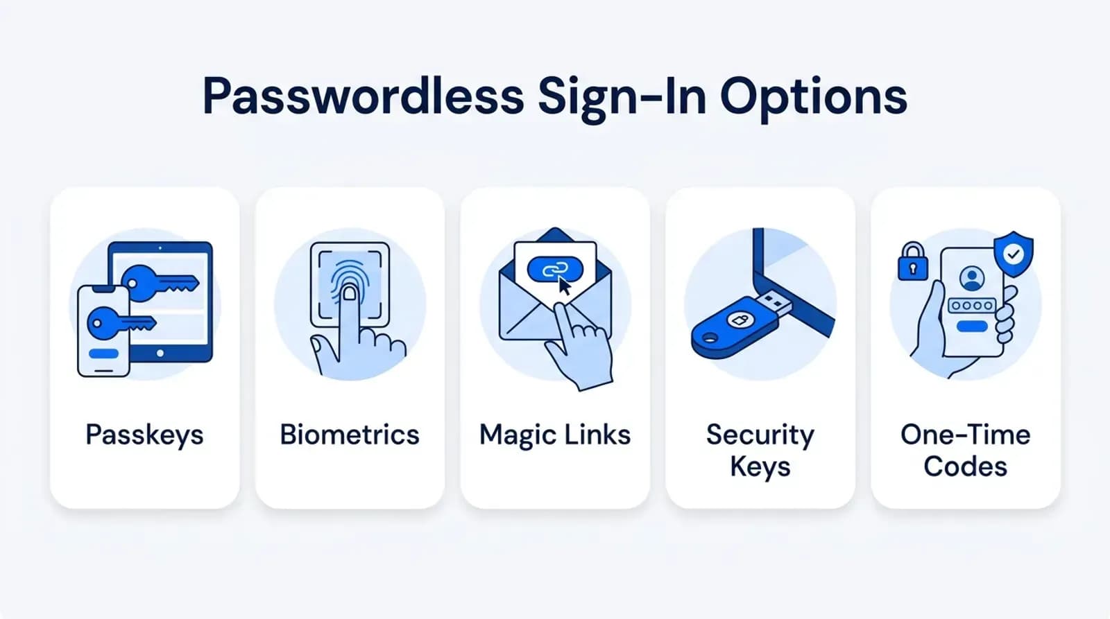 Passwordless sign-in options: passkeys, biometrics, magic links, security keys, one-time codes