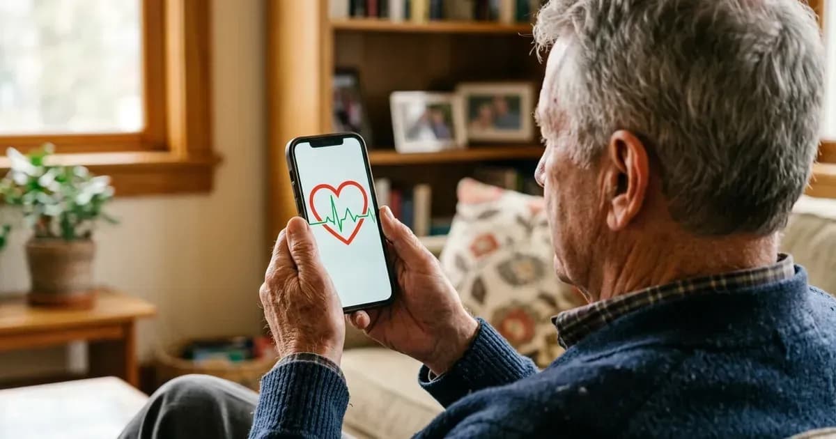 Un homme âgé consulte une application de santé sur son téléphone, chez lui