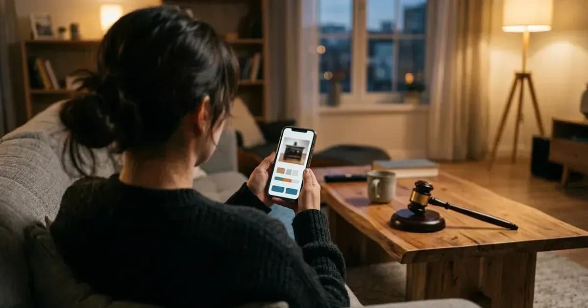 Pessoa acompanhando um leilão de centavos no celular, com um martelo de leilão sobre a mesa