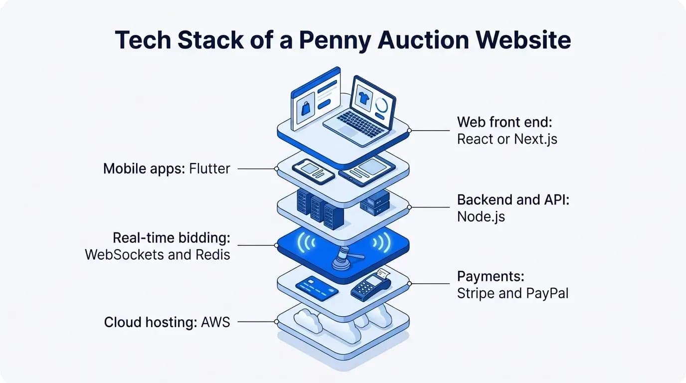 Tech stack of a penny auction website: web front end, mobile apps, backend, real-time bidding, payments and hosting