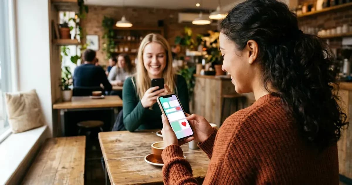 Two young adults in a cafe using a dating app on their smartphones