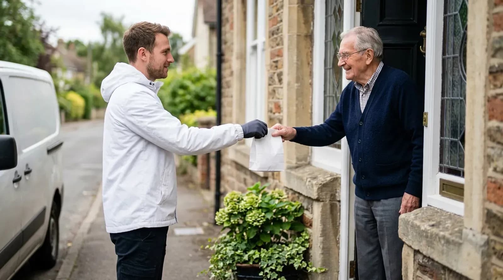 Courier delivering a pharmacy order to an elderly customer at home