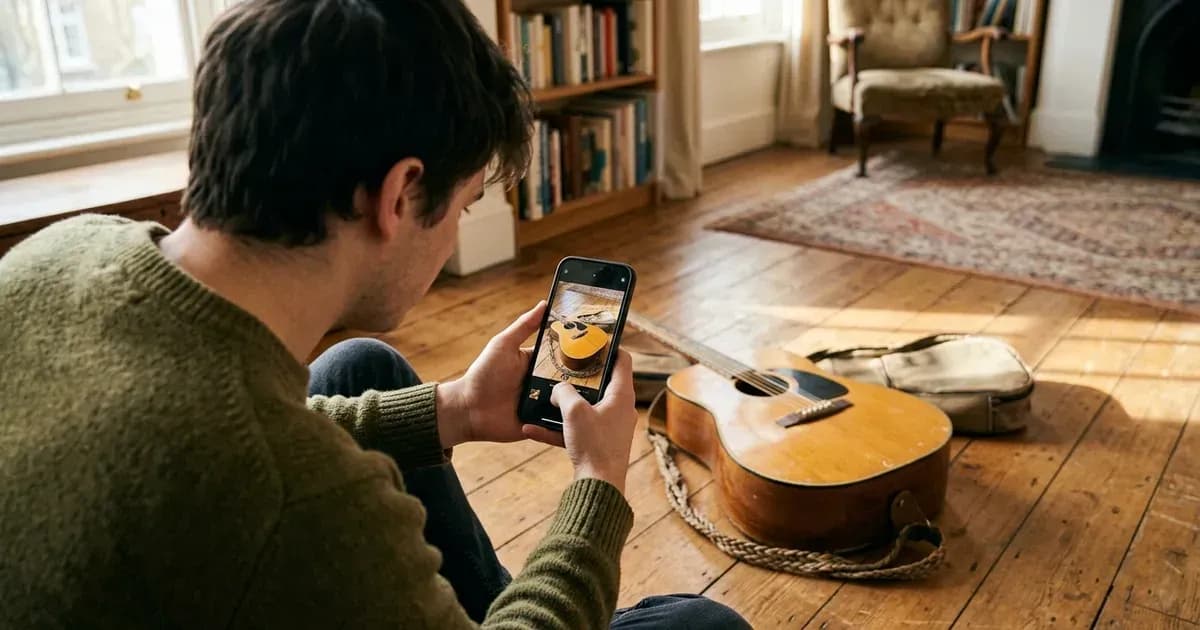 Person photographing a used guitar with a smartphone to list it for sale