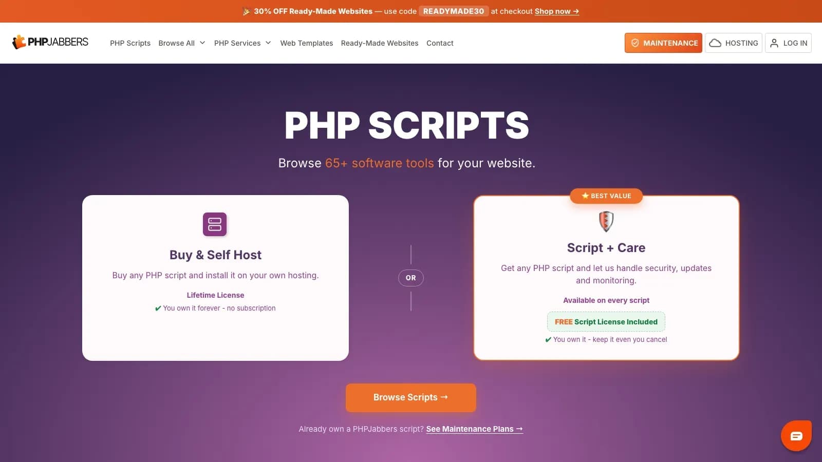 PHPJabbers home page, which sells its own PHP scripts with self-hosted and hosted options