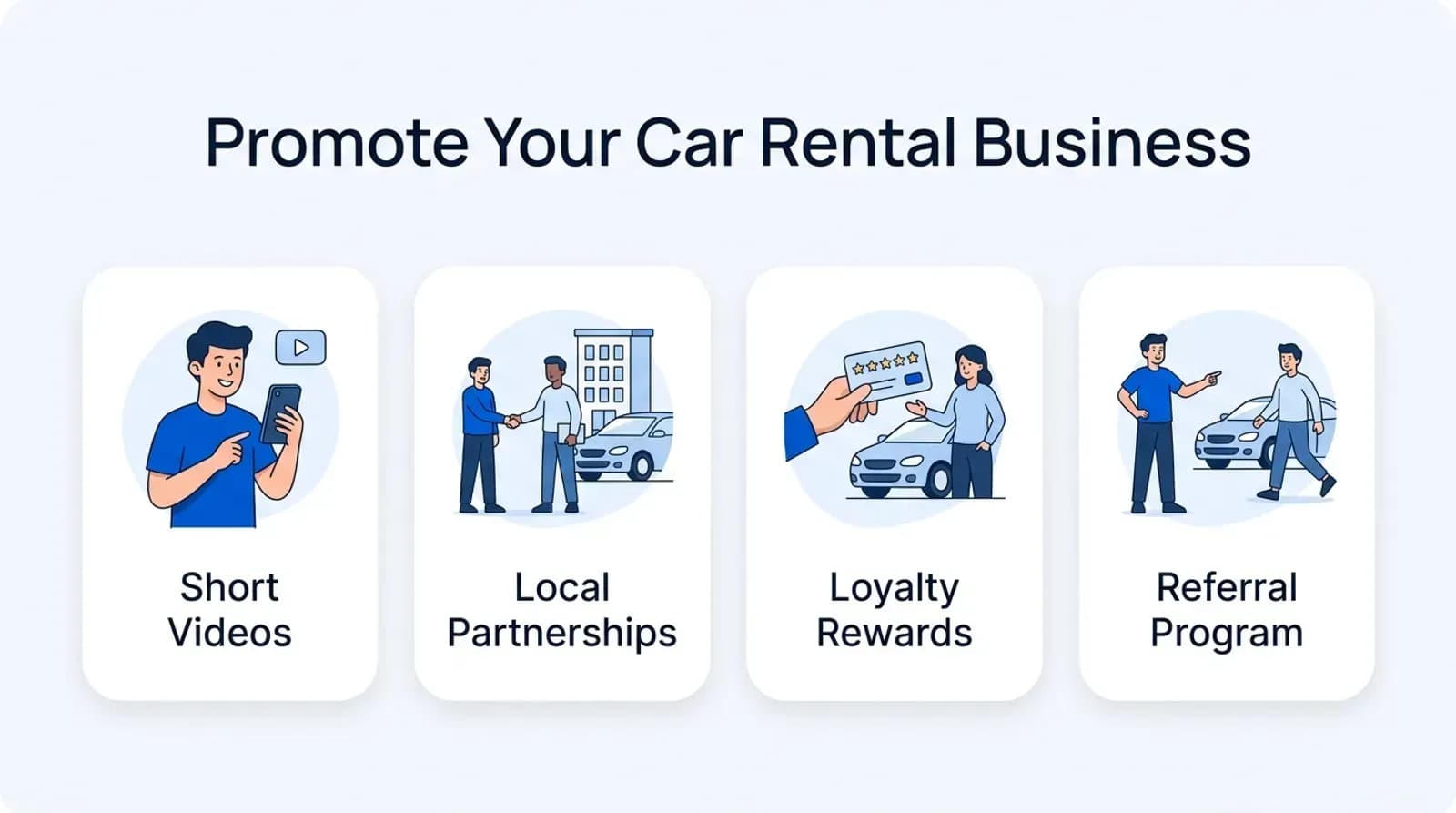 Promote your car rental business: short videos, local partnerships, loyalty rewards, referral program