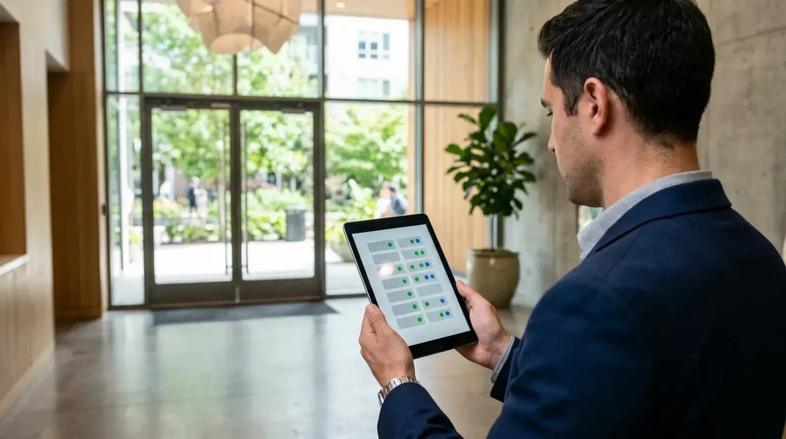 Property manager checking building systems on a tablet