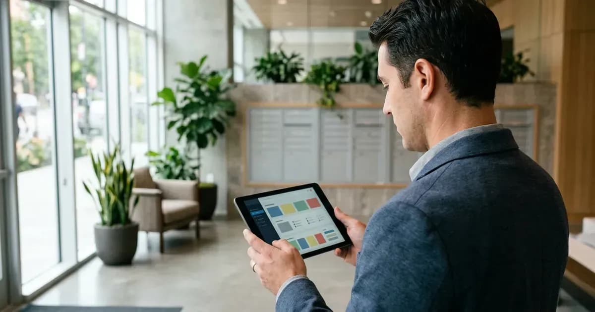 Un gestionnaire immobilier utilise une tablette dans le hall d’un immeuble d’appartements