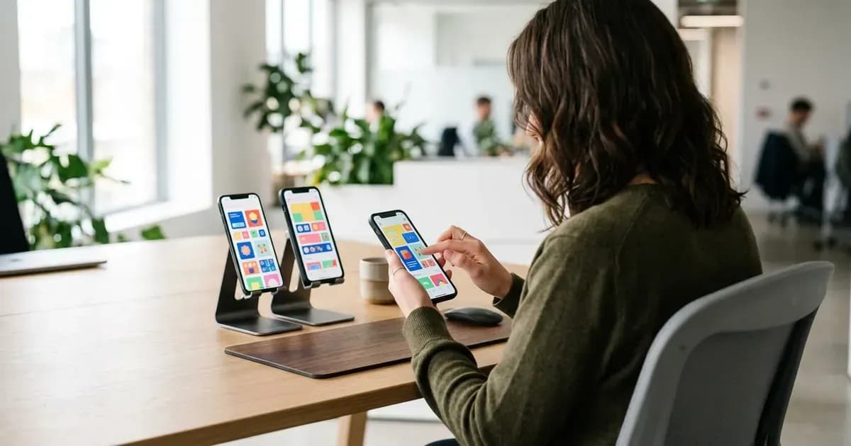 Un testeur QA teste une application sur plusieurs smartphones