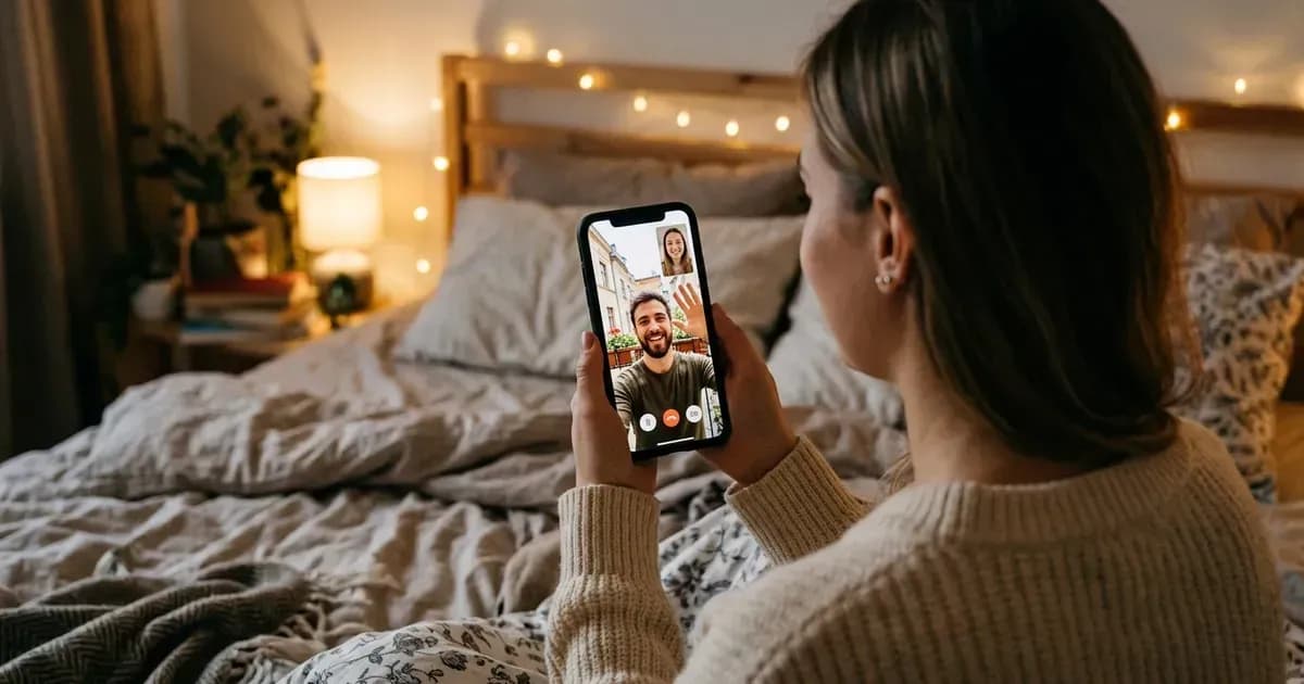 Eine junge Frau im zufälligen Videochat mit einem Fremden auf ihrem Smartphone
