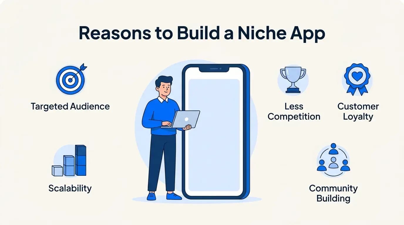 Reasons to build a niche app: targeted audience, less competition, customer loyalty, community building and scalability