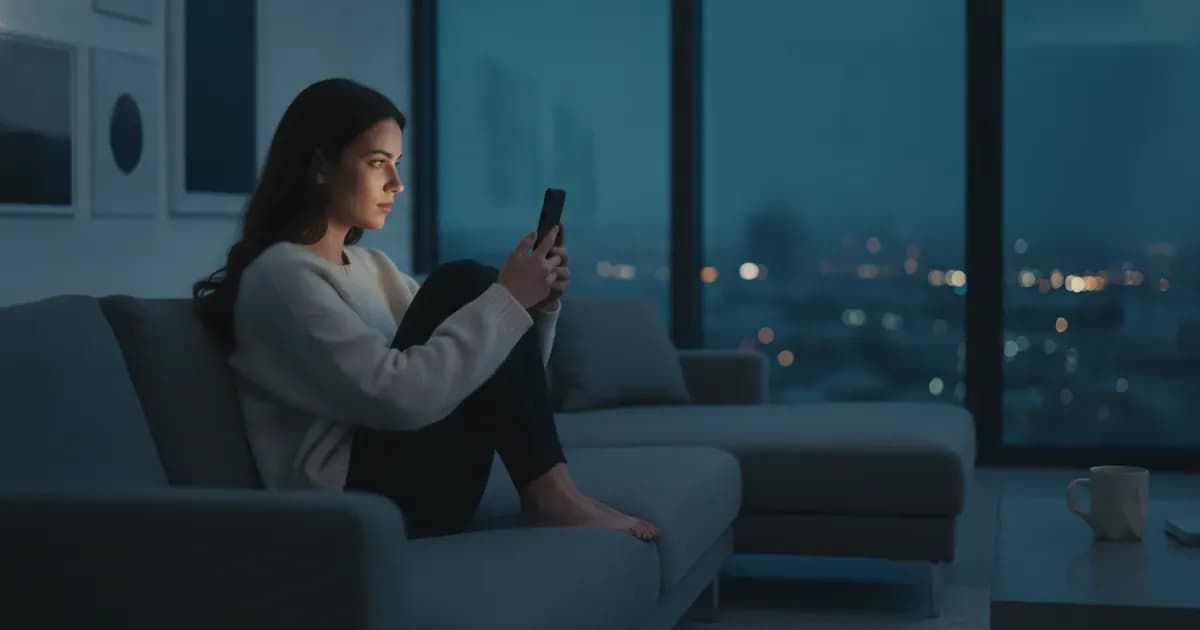 Young woman on a sofa at night watching a vertical short drama on her phone beside a city-view window.