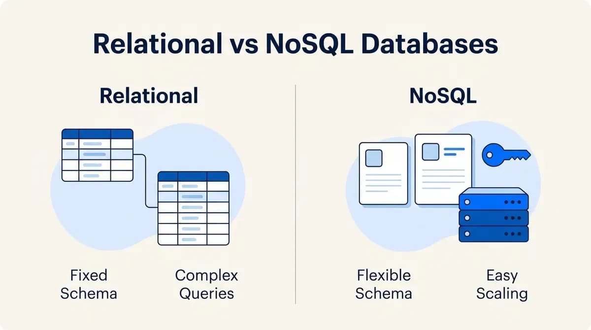 Relational vs NoSQL databases: fixed schema and complex queries versus flexible schema and easy scaling