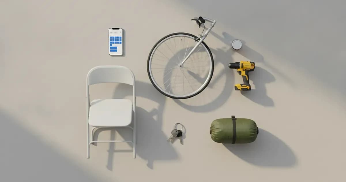 Rentable items laid out on a light surface, including a folding chair, bicycle wheel, power drill, car keys, a rolled camping bag and a phone showing a booking calendar