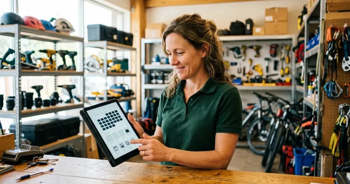 Ein Verleihladeninhaber prüft an der Theke Buchungen auf einem Tablet