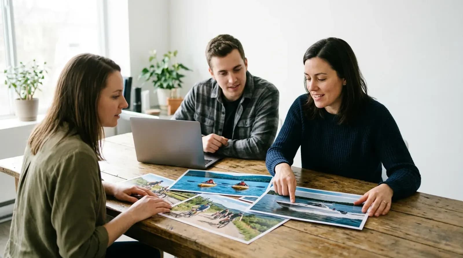 Rental business team planning a marketing campaign with photos of bikes and boats