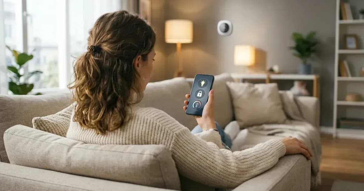 Resident controlling lights, locks and climate from a phone in a modern apartment