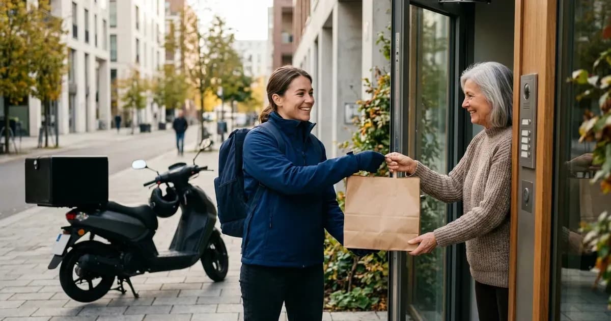 Delivery rider handing an order to a customer at an apartment door