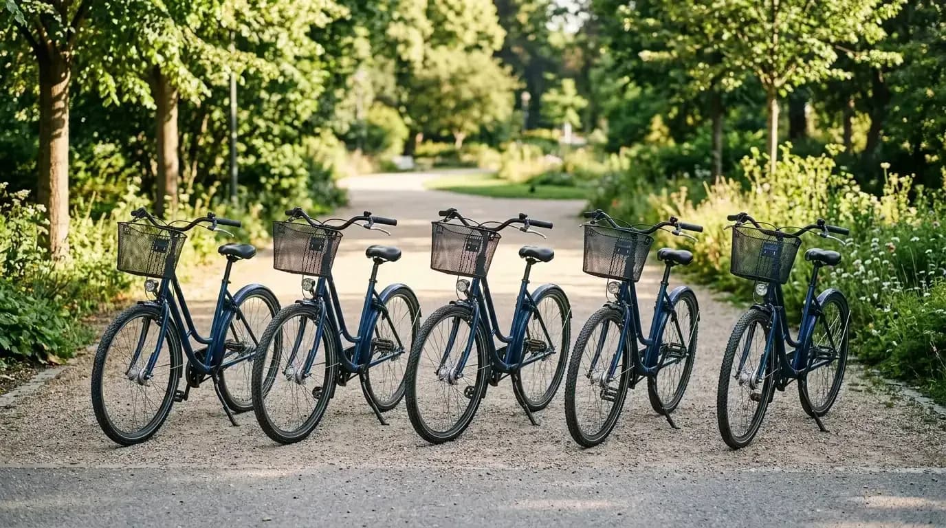 A row of rental bikes ready for customers in a park