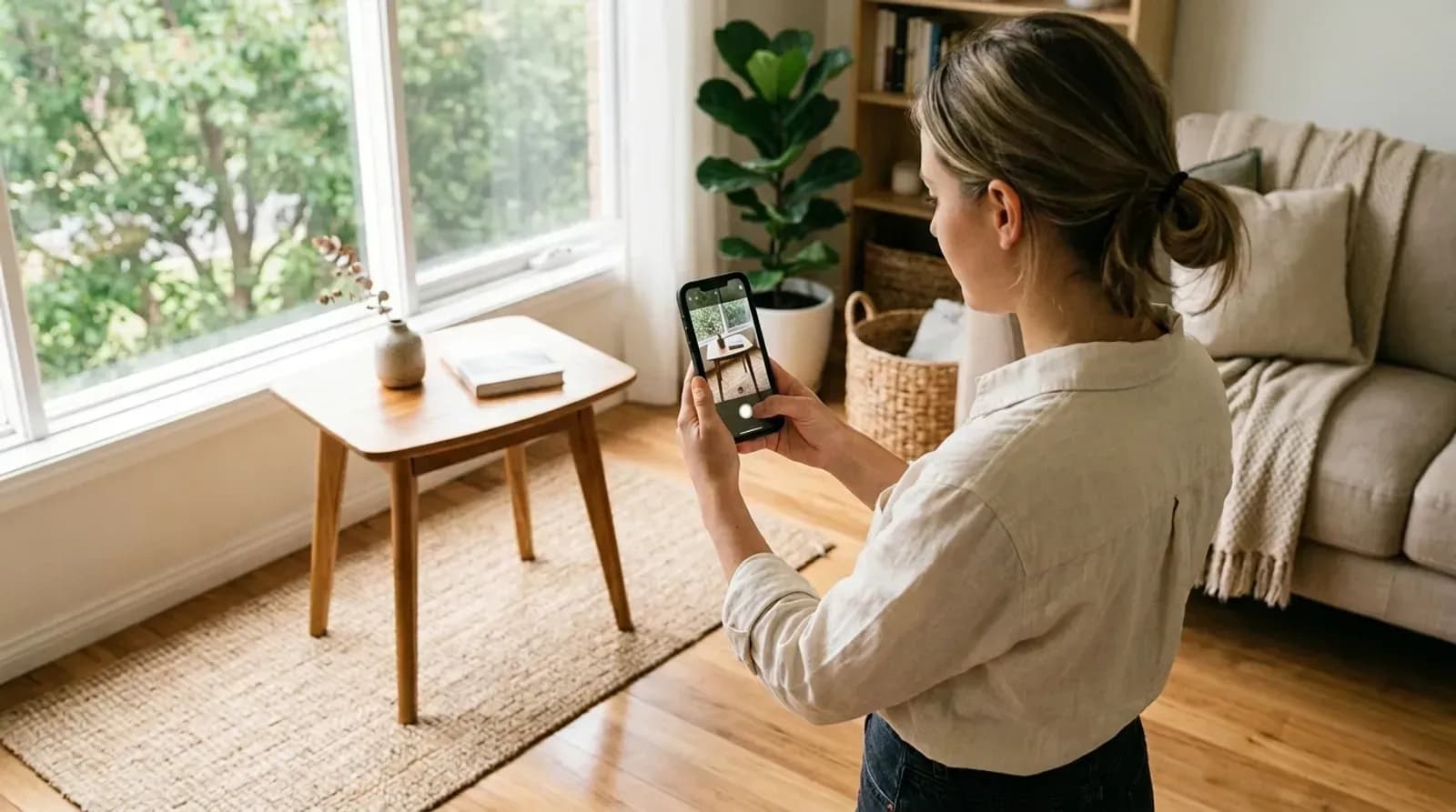 Seller photographing a side table with a phone to list it for sale