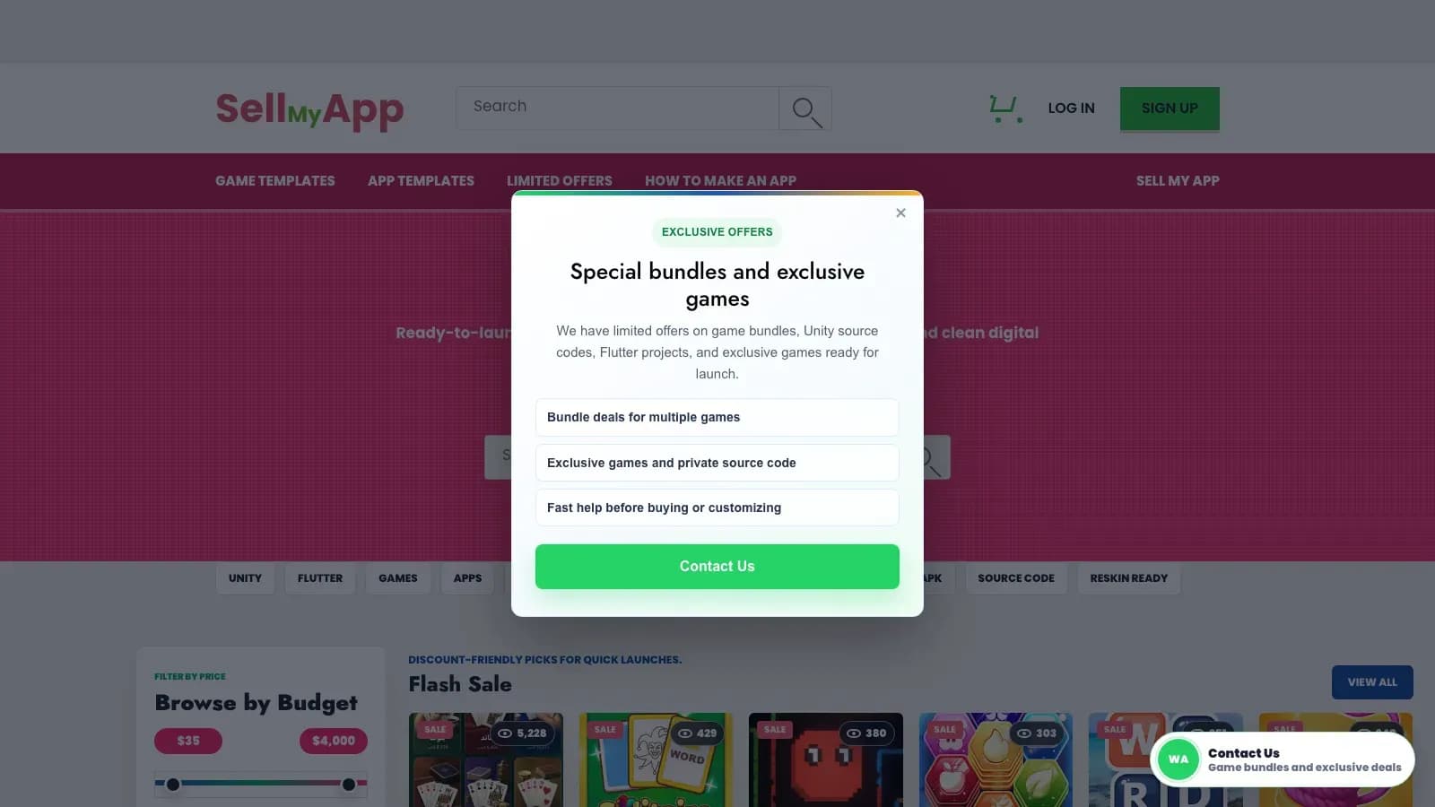 SellMyAppHub home page, a source code marketplace for Unity games and Flutter apps