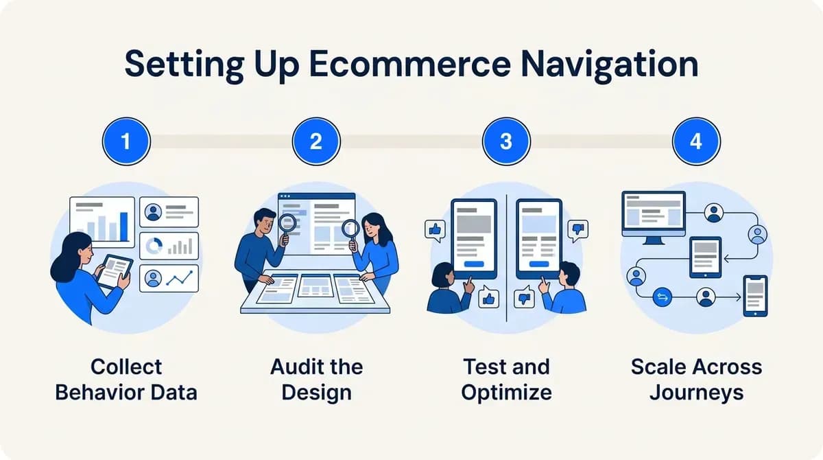 Setting up ecommerce navigation in four steps: collect behavior data, audit the design, test and optimize, scale across journeys