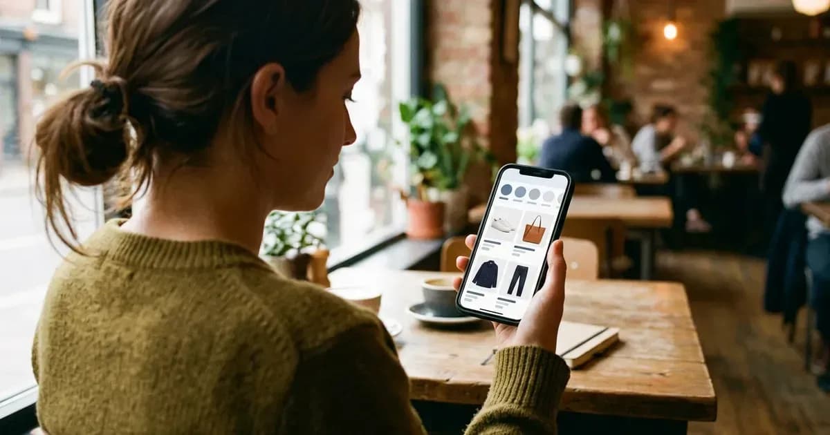 A shopper browsing an online store's categories on her phone in a café
