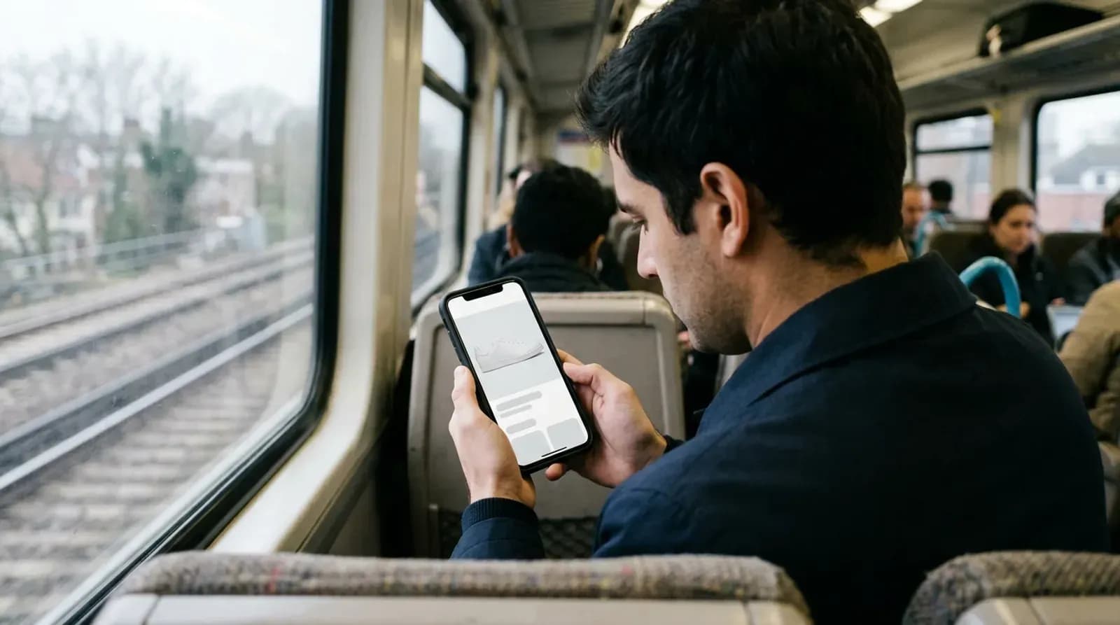 Shopper checking a mobile shopping cart on a commuter train
