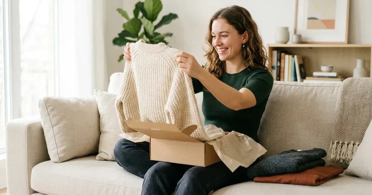 Eine Kundin hält zu Hause einen Pullover hoch, den sie gerade aus einem Versandkarton ausgepackt hat