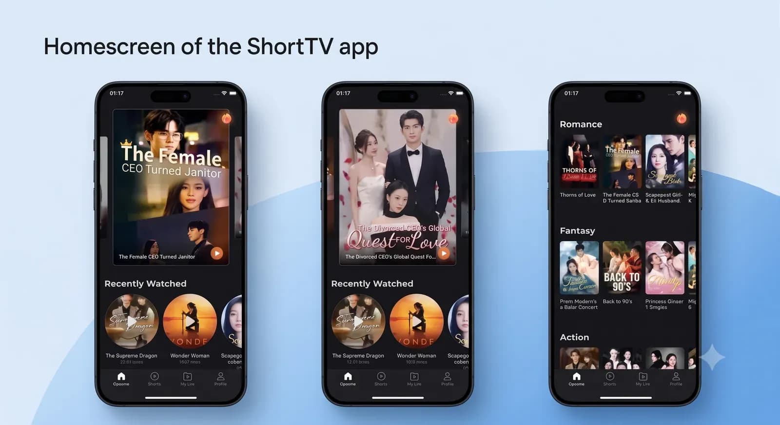 Home screen of a short drama app with featured series, recently watched and genre rows