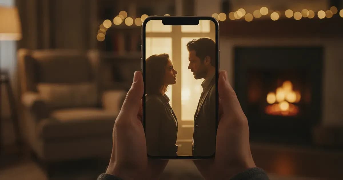 A person holding a phone that plays a vertical short drama scene, in a warmly lit living room